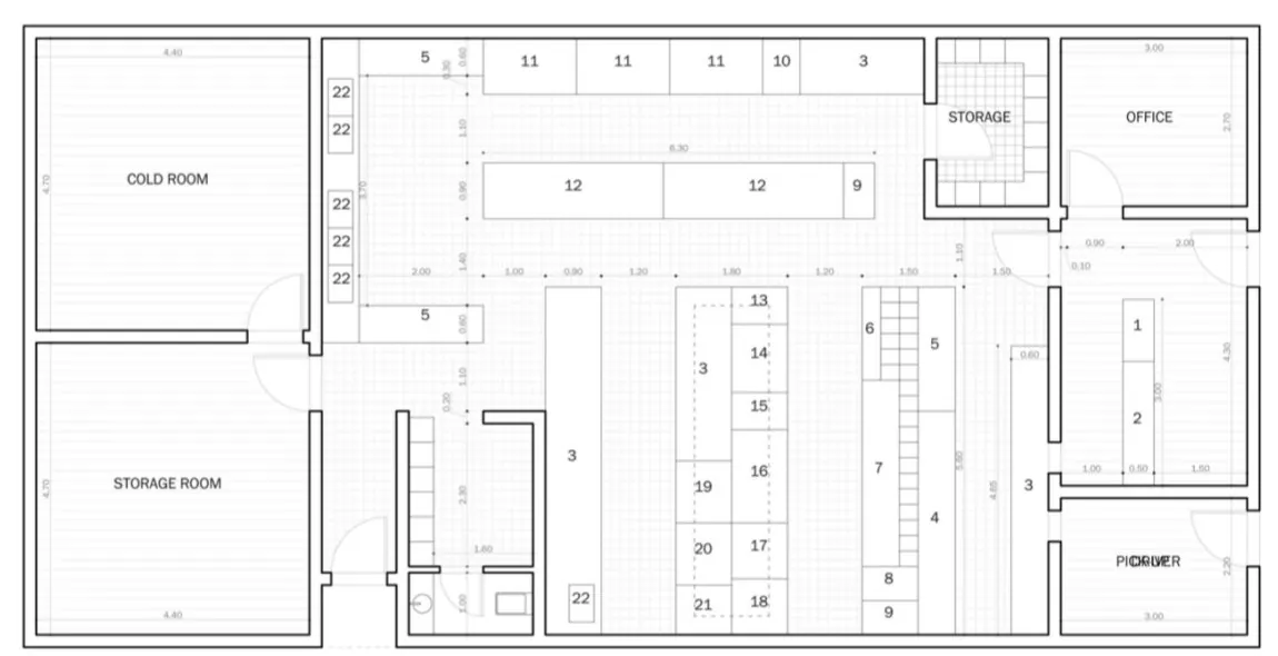 Falafoliva central kitchen floor plan from the brand guideline