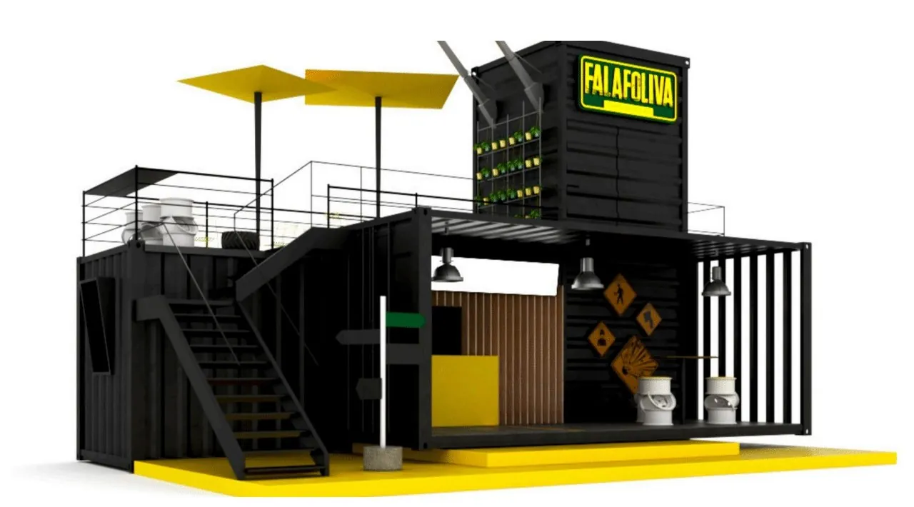 Falafoliva stand-alone container unit with terrace, render from the brand guideline