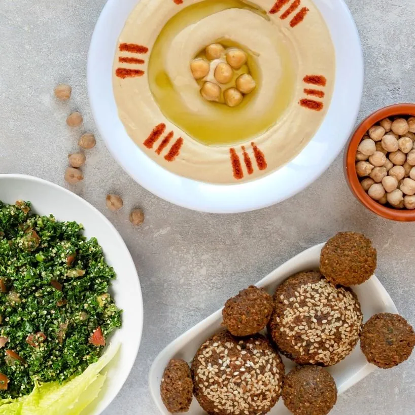 Hummus, tabbouli and falafel spread